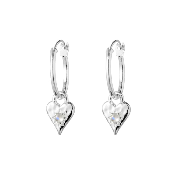 Love Heart Moonstone Hoops - Silver