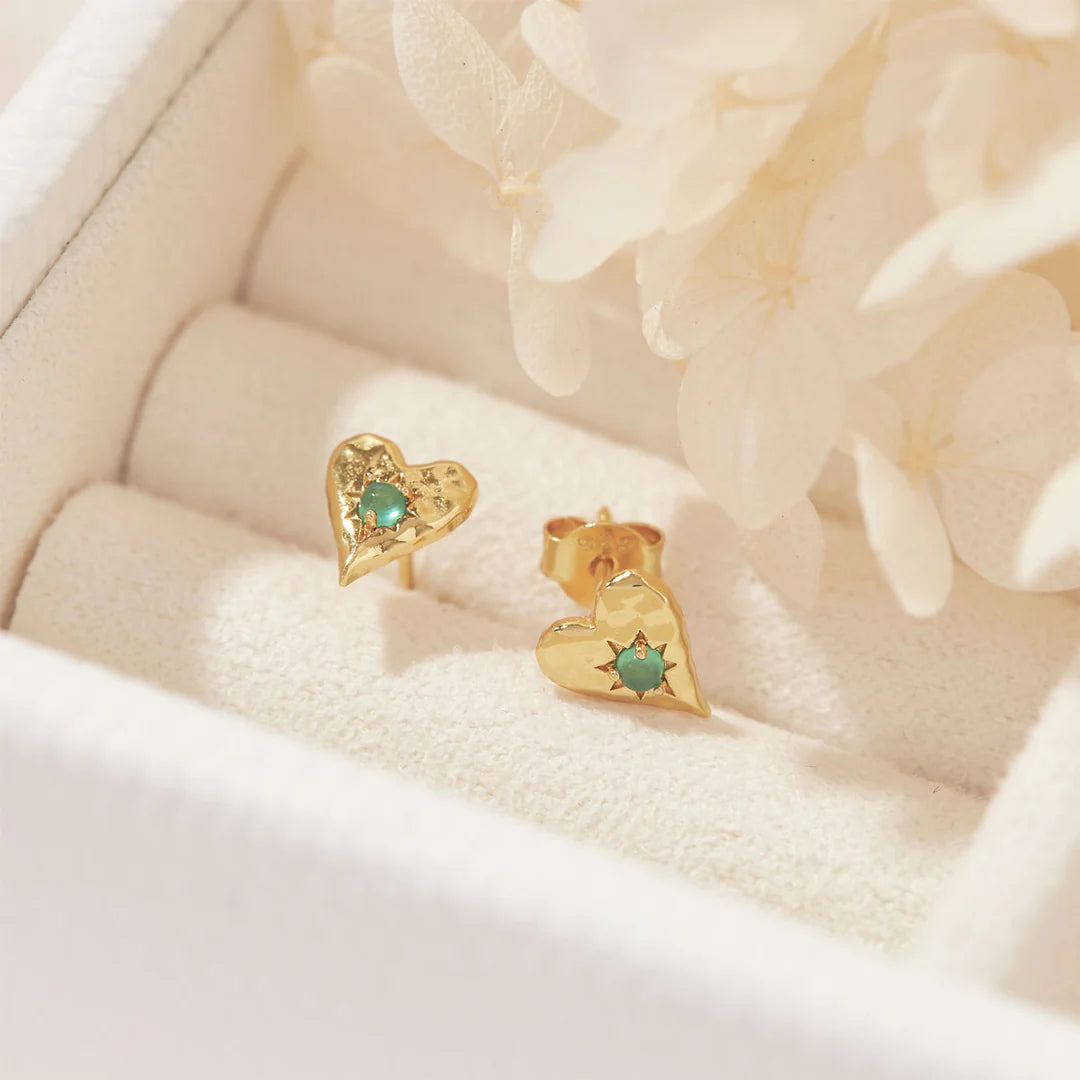 Love Heart Green Onyx Studs Gold